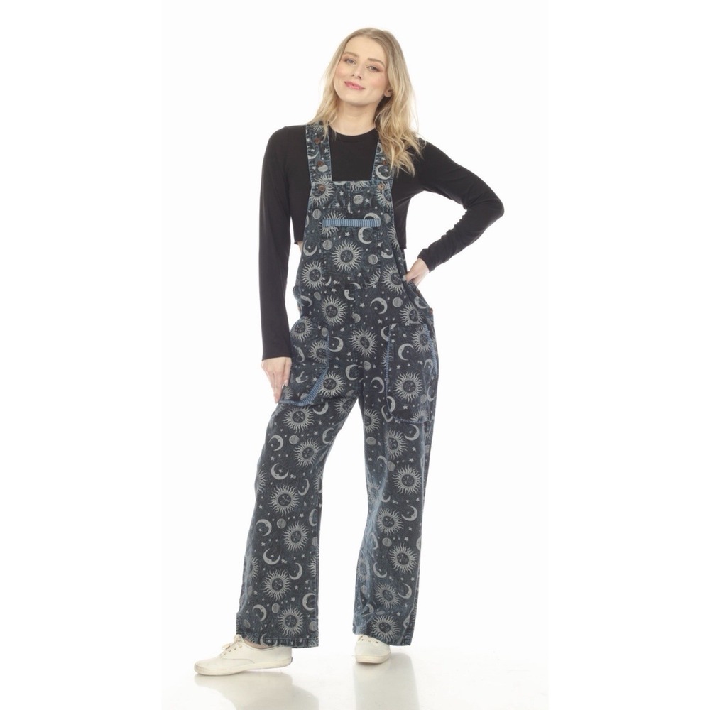 Rising Int'l Sun Moon Cotton Overalls Sz Small -Boho -Witchy -Whimsigoth -90s